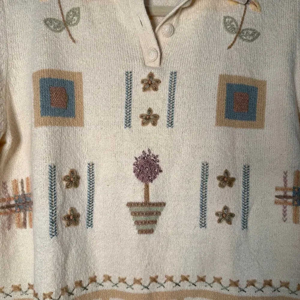 VTG Cottagecore Cardigan Sweater Floral Gardening Primitive Womens Sm Collared